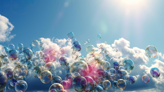 A digital illustration of soap bubbles floating in the sky