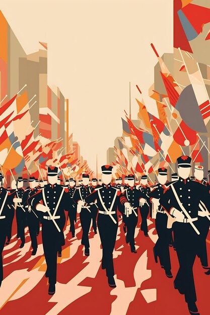 a digital illustration of soldiers marching in a parade.