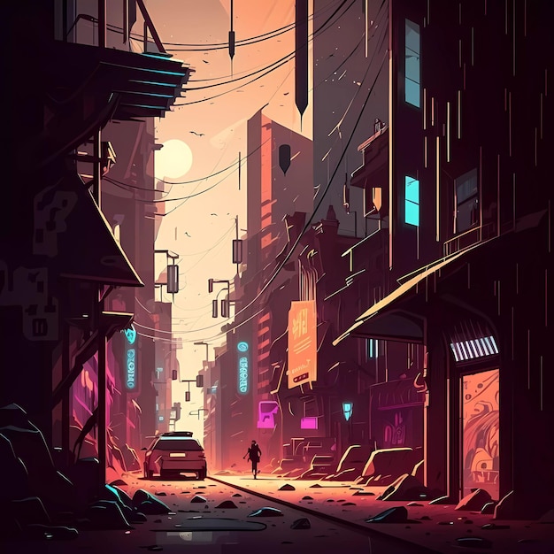 A digital illustration of a street scene with a woman walking in the middle of it.