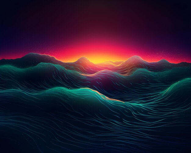 Photo a digital illustration of a sunset with a mountain range in the background