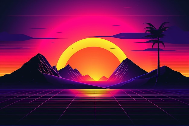 Photo a digital illustration of a sunset with mountains in the background