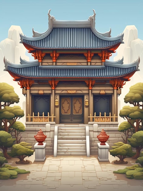 a digital illustration of a temple with a red roof.