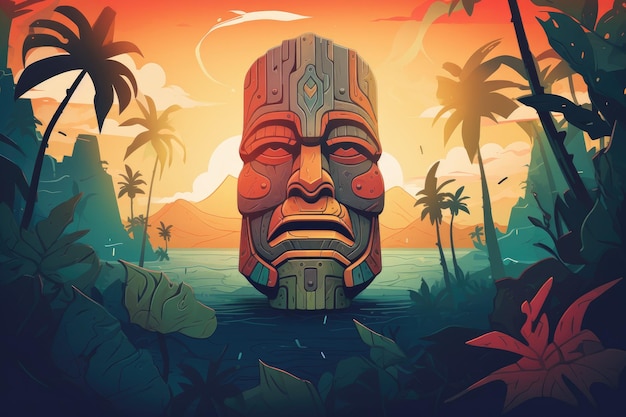 Foto un'illustrazione digitale di una statua tiki in un paesaggio tropicale