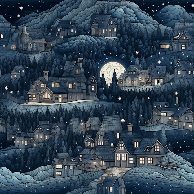 A digital illustration of a town with a full moon on the top.