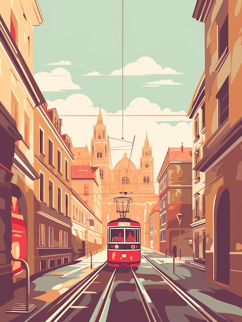 цифровая иллюстрация трамвая, идущего по улице.