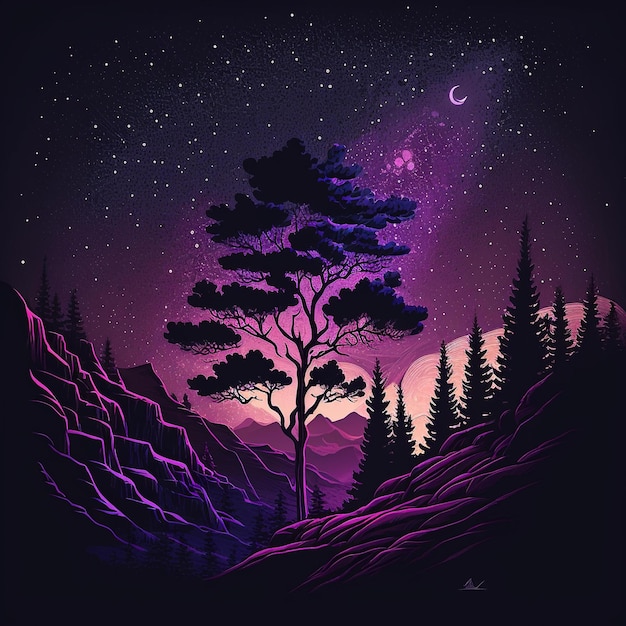 A digital illustration of a tree with the moon in the background.