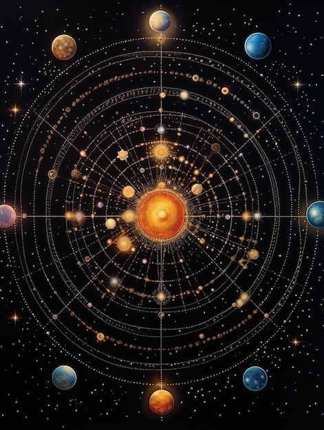 a digital illustration of a universe with many stars and planets.