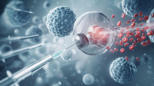 Photo digital illustration of in vitro fertilization with a syringe and cells