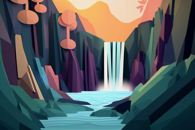 A digital illustration of a waterfall with a colorful background.