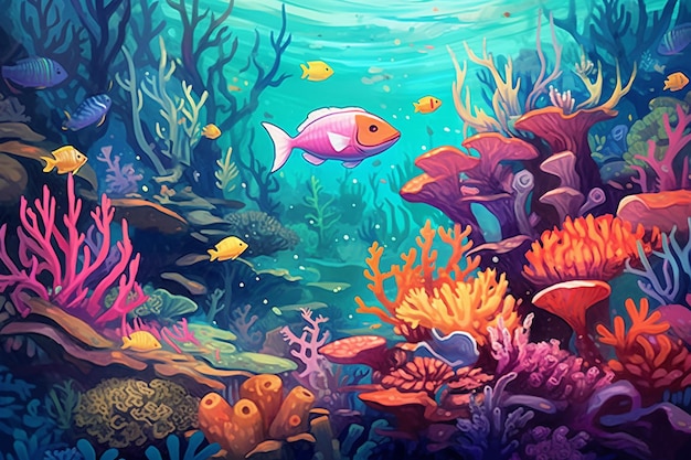 a digital illustration of a whimsical underwater scene AI generated