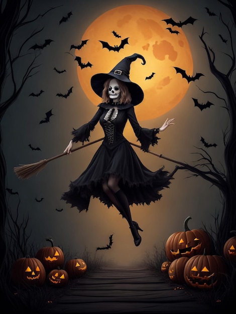 Digital illustration of a witch with hat in a spooky forest with bats and Halloween pumpkins