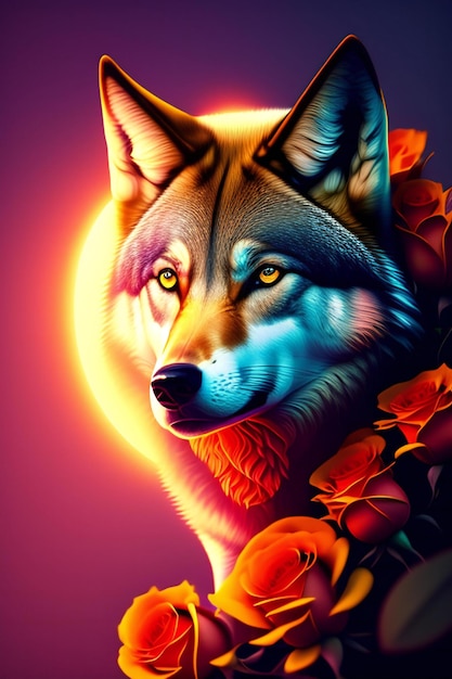 Photo digital illustration of a wolf in a colorful gradient background