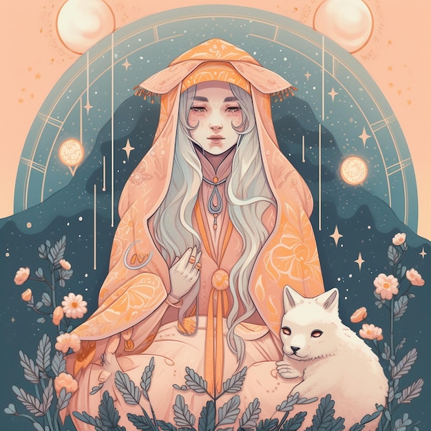 A digital illustration of a woman and a fox.