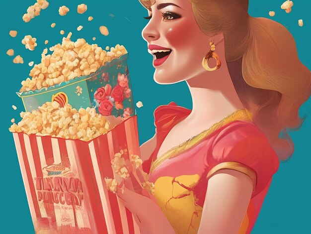 Photo a digital illustration of a woman holding a box of popcorn