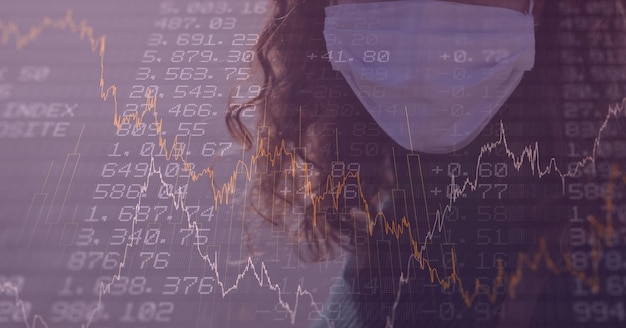 Digital illustration of a woman wearing a face mask over data\
processing, statistics showing in the background. medicine public\
health pandemic coronavirus covid 19 outbreak concept digital\
composite.