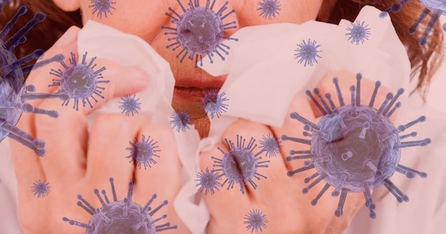 거시적 코로나바이러스 코비드-19 세포 위의 티슈로 코를 닦는 여성의 디지털 삽화