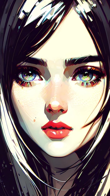 A digital illustration of a woman with green eyes and a black background.