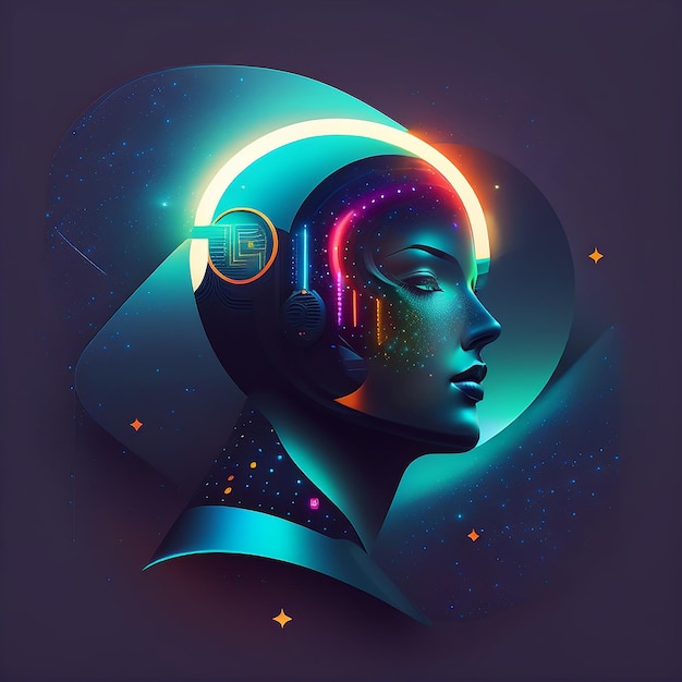 A digital illustration of a woman with headphones and the word music on it.