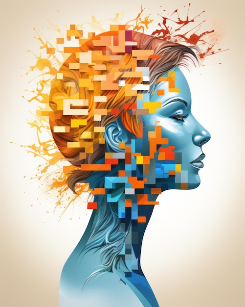 digital illustration of a womans head with colorful pixels