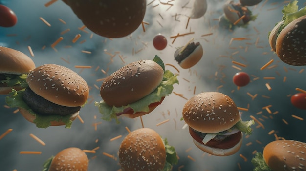 Цифровое изображение гамбургеров и гамбургеров, летающих в воздухе.