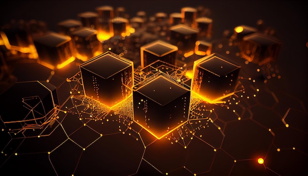 A digital image of cubes with the gold digital tech background