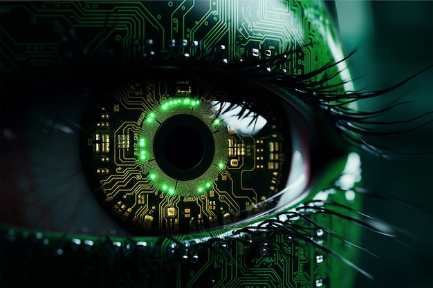 a digital image of an eye with green lights and ci