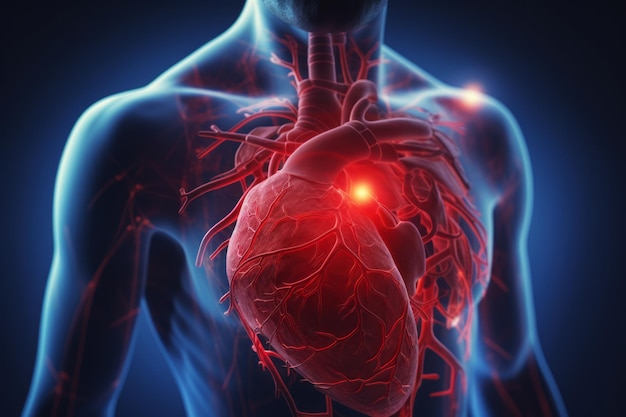 人間の背景に赤く輝く心臓のデジタル画像 d 医療イラストのレンダリング