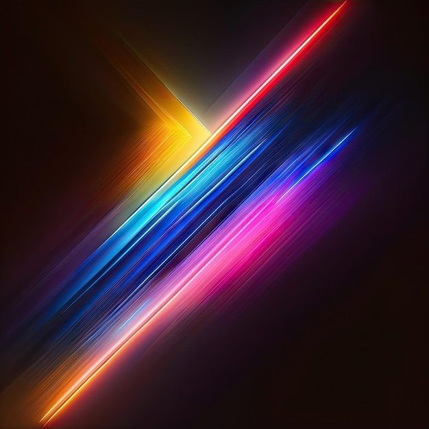 Digital image of light rays lines with colorful light over dark background