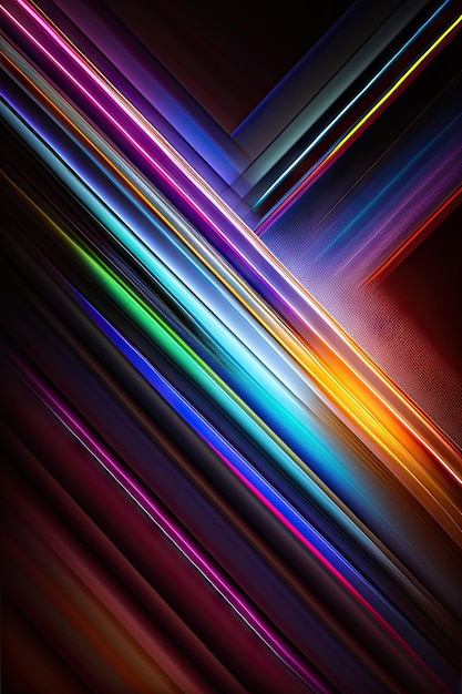 Digital image of light rays lines with colorful light over dark background