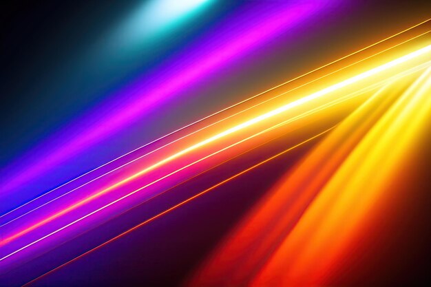 Digital image of light rays lines with colorful light over dark background