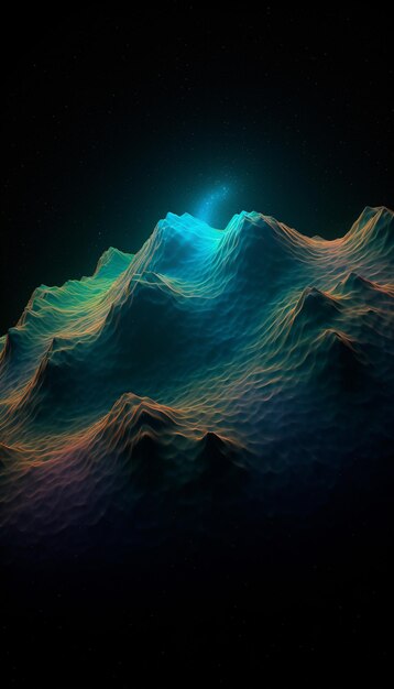 A digital image of a mountain with a blue light at the top.