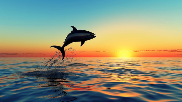 A digital image of a shark leaping from the ocean at sunset with water droplets in the air