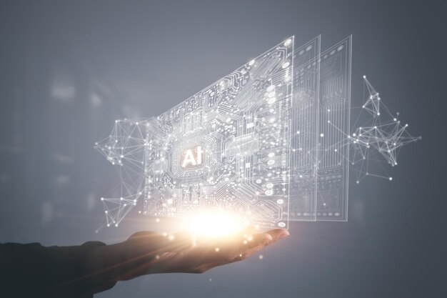 Digital information technology concept Businessman touching artificial intelligence screen