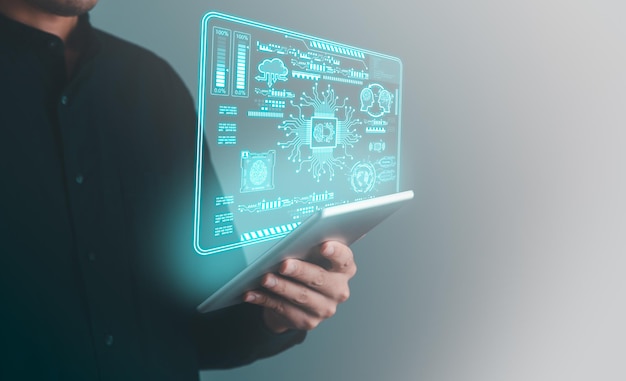 digital information technology concept businessman use tablet with artificial intelligence screen