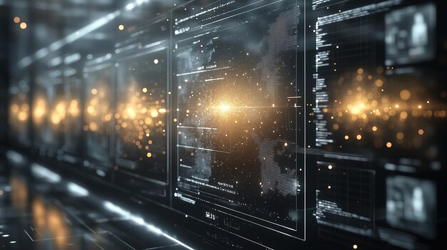 디지털 인터페이스는 미래의 환경에서 기술에 기반한 작업 공간에서 복잡한 데이터 시각화를 표시합니다.