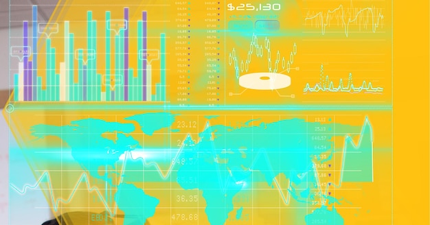 黄色の技術の背景に対する世界地図上のデータ処理を備えたデジタルインターフェース