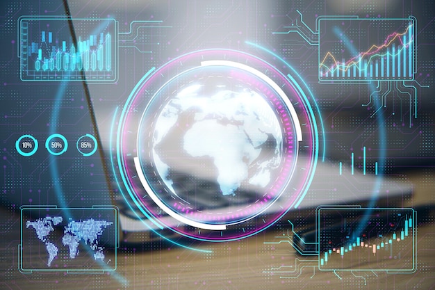 Цифровой интерфейс с голографическим глобусом и финансовыми графиками на фоне, вдохновленном технологией, иллюстрирующий глобальную бизнес-концепцию