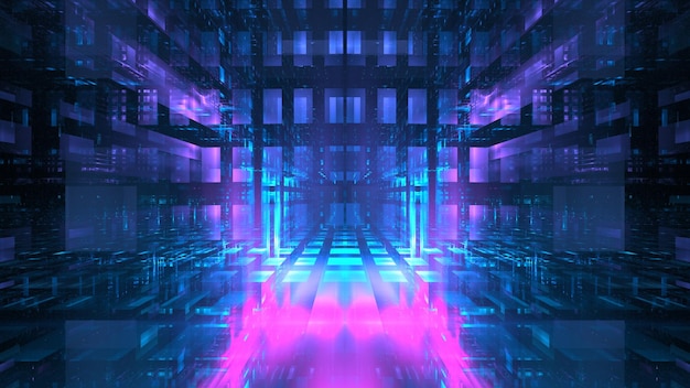 Digital interior building Hi tech Abstract data center server tonel Business technology blurred Polygonal geometric digital cyberpunk space color light 3D render