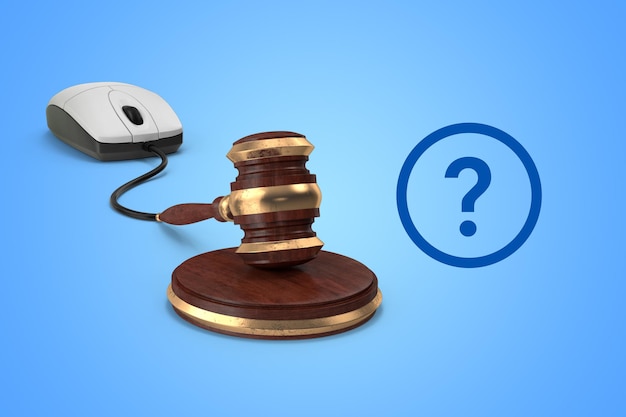 Digital internet law rendering concept with mouse and gavel\
connection on blue isolated background.