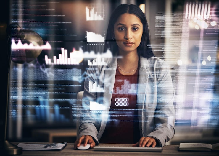 Photo digital it technician or software developer coding user interface or ux program code on computer at night futuristic programmer and engineer reading finanial security information and big data