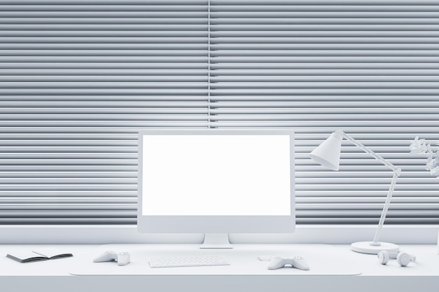 digital job blank light modern computer monitor with place for web design or web site on white work table with joystick and keyboard and on window background closed by blinds 3d rendering mock up