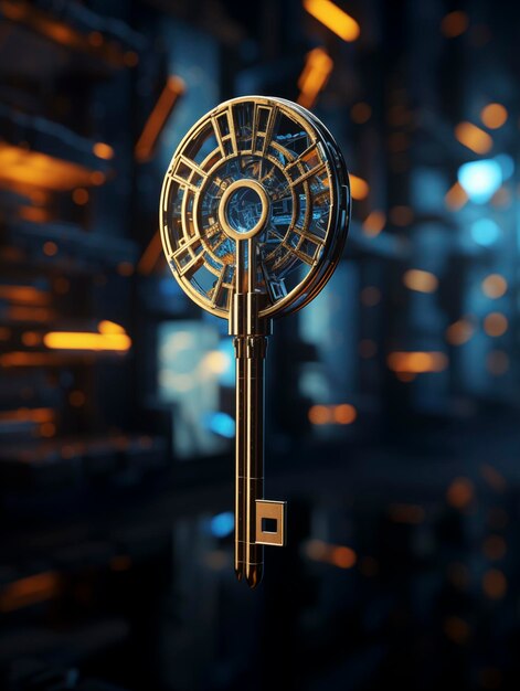 Digital key on a digital background in the style of futurism