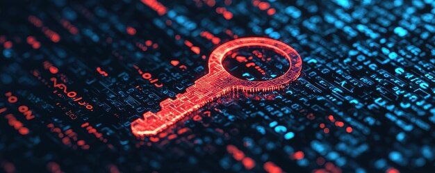 a digital key representing cybersecurity glows against backdrop of binary code symbolizing importance of data protection and secure access in digital age