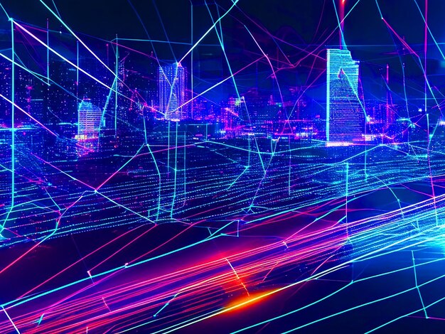 A digital landscape of neon lights and data streamstechnology and finance image