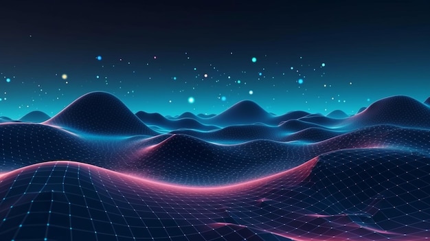 A digital landscape with a blue grid and a purple grid.