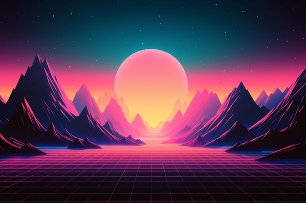 A digital landscape with mountains and a sun