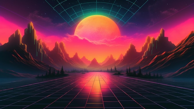 A digital landscape with a sunset and mountains in the background.