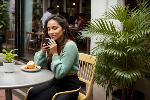 Digital Lifestyle in Colombia beautiful colombian woman with a phone in a cafe in colombia