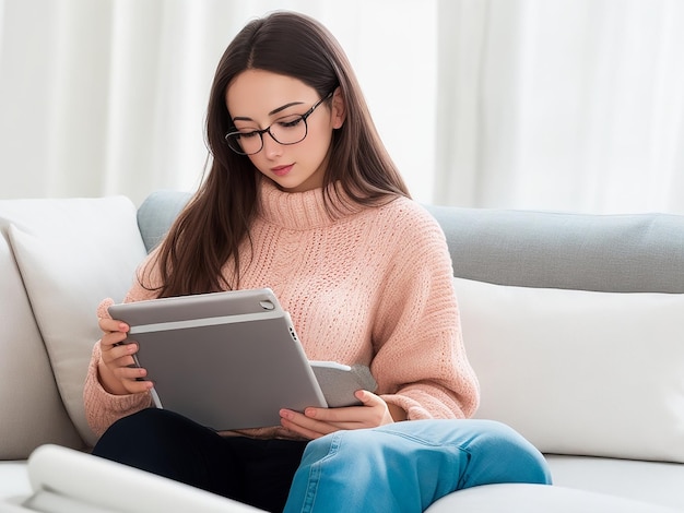 Digital Lifestyle of young woman using laptop sitting at the restaurant table with cocktail