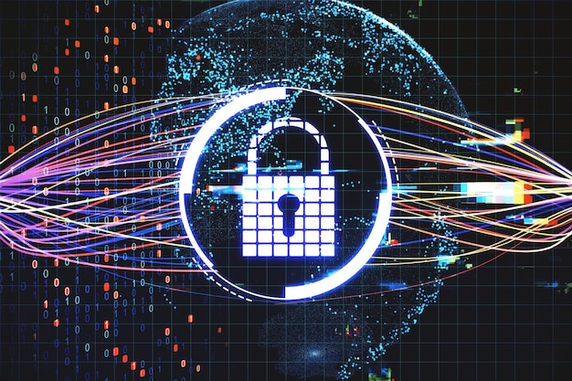 digital lock icons with global security network interface